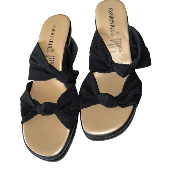 Fashion Bug Wedge Heel Slip On Sandal Black Size 9  3” Wedge Heel Stretch Straps - Picture 2 of 6